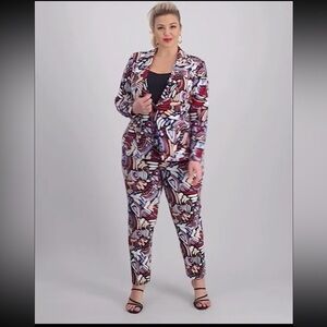 Nina Parker Trendy Abstract Print Multicolor Patterned Blazer & Pant Suit Sz 2X